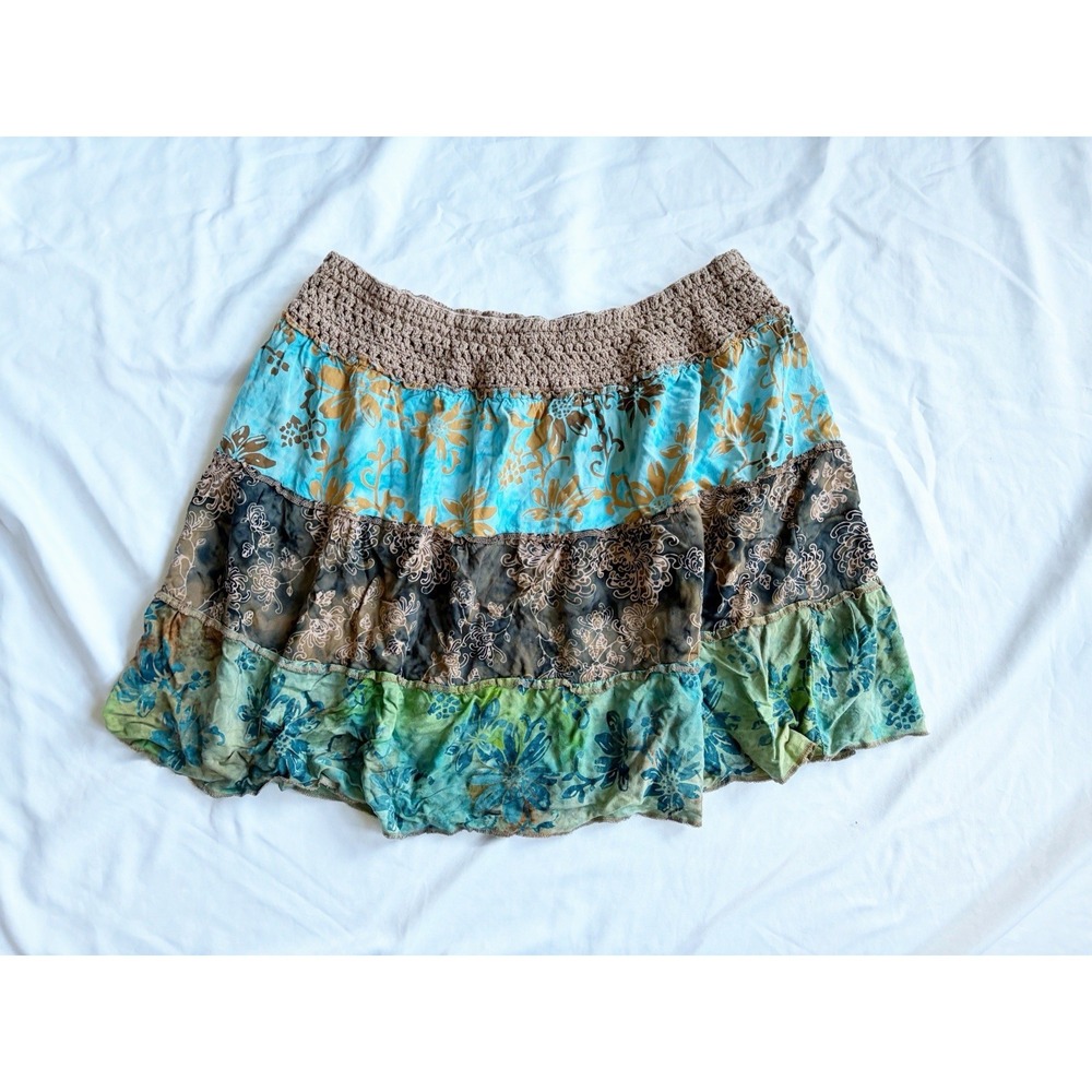Santiki Skirt Womens L/XL Tiered Mini Crochet Batik Pull On Flowy Beach Hippie